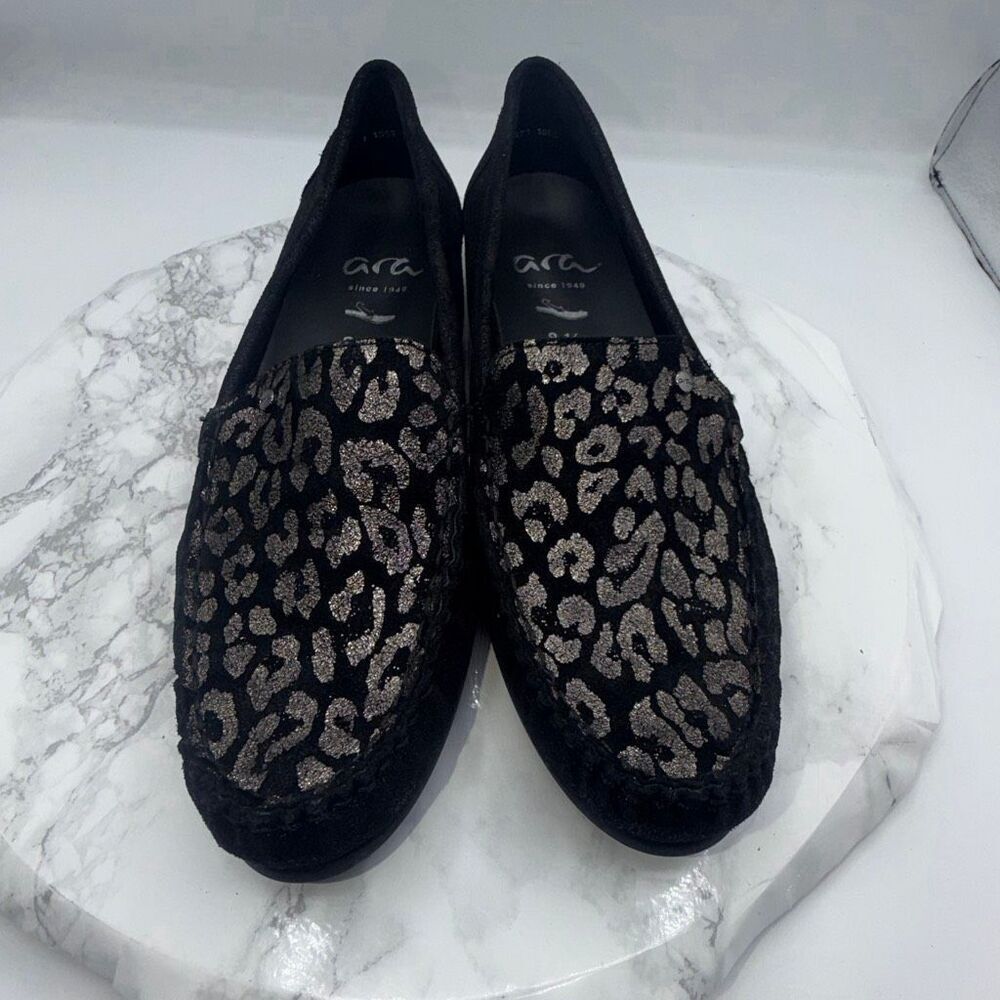 ARA Barb Black Suede Shimmer Leopard Print Loafer-8.5